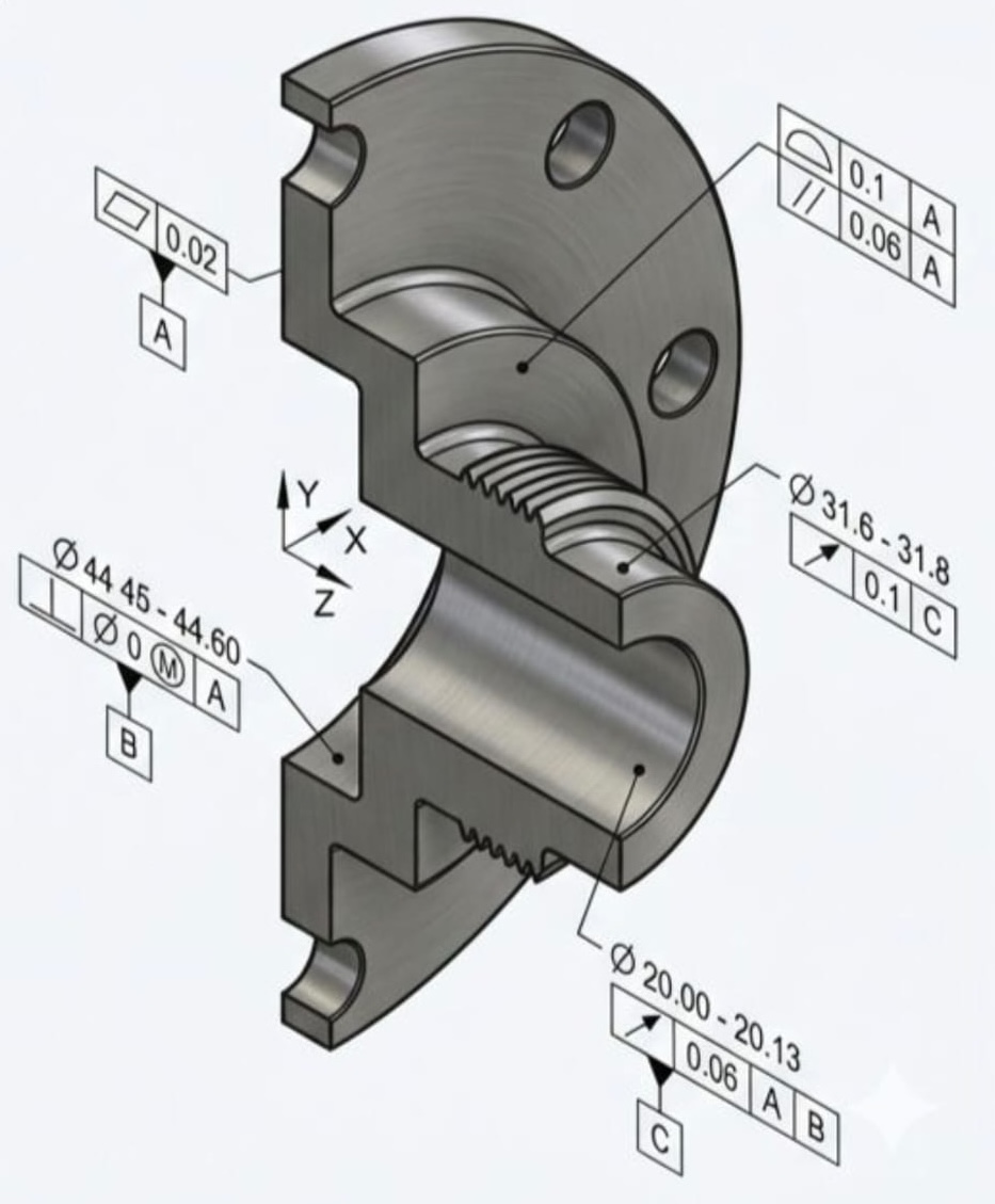 PMI / GD&T anotasyonlu 3D model — STEP AP242 tolerans ve datum bilgileri